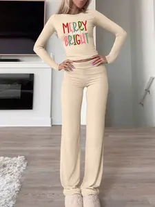 Women's Christmas Letter Long Sleeve Crop Top Set, High Waist Flare Pants, Casual Spring & Fall, 9 Colors Available