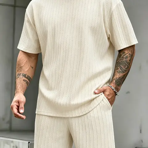 2-piece men's new textured fabric, casual loose round neck short sleeved T-shirt and shorts set fathersdaygift