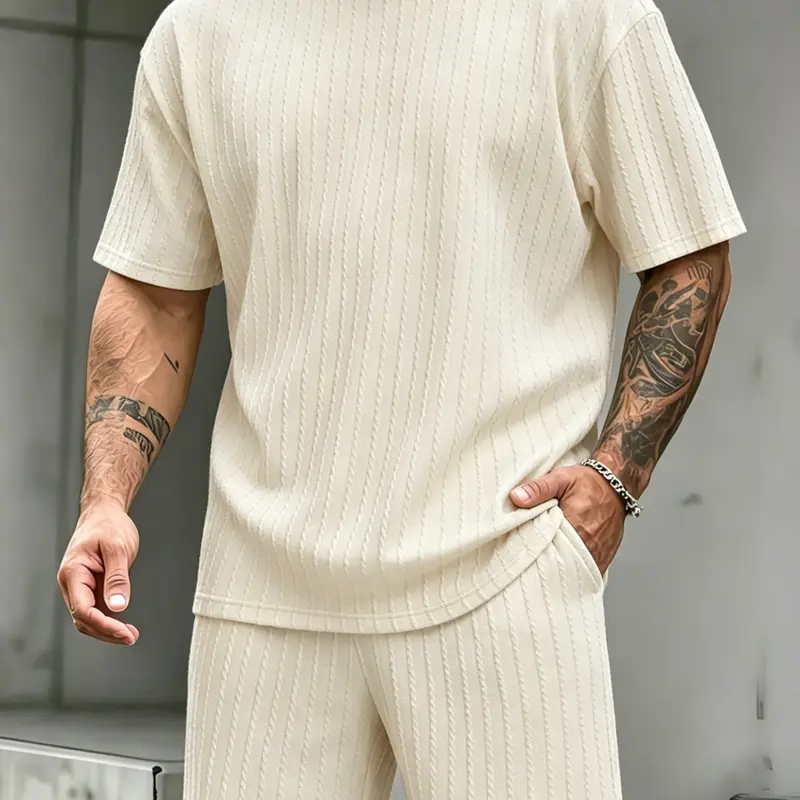 2-piece men's new textured fabric, casual loose round neck short sleeved T-shirt and shorts set fathersdaygift