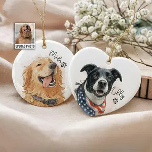 Personalized Watercolor Photo Pet Ornament Ceramic, Custom Pet Portrait Keepsake, Dog Lover Gift, Cat Mom Gift, Memorial Dog Gift, Loss Of Pet