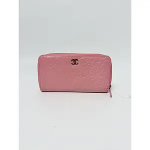 Pre-owned CHANEL Leather Small Leather Goods Camellia Zip Around Wallet Pink Embossed CC Logo Long Wallet Designer Wallet JE112CC