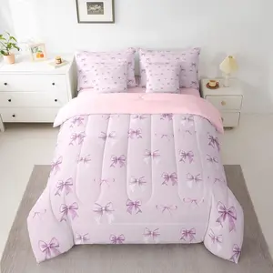 Feelyou 7-Piece Purple Bow Comforter Set - Bed-in-A-Bag Bedding Set with Bedding Sheet, Soft Breathable Quilt - Princess-Themed Bowknot Bedding for Girls' Bedrooms