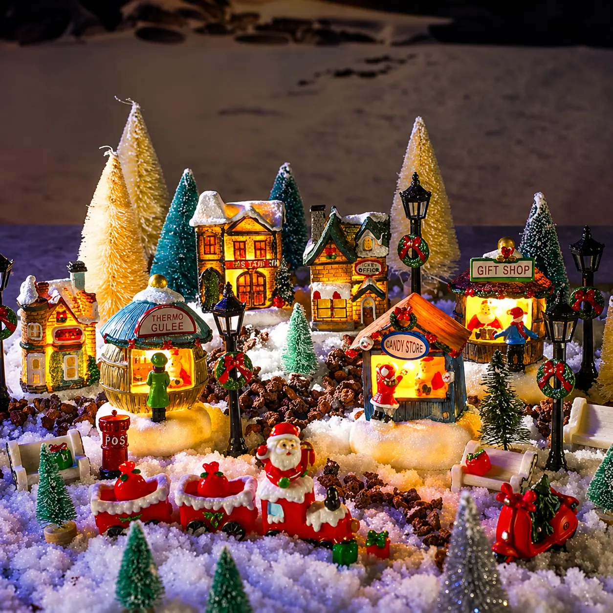 Nostalgic Vintage Inspired Christmas Village Set Snowy Miniature Resin Houses with Santa Shops Trees Battery Operated LED Light Up Christmas Town for Mantel Tabletop Holiday Home Decor
