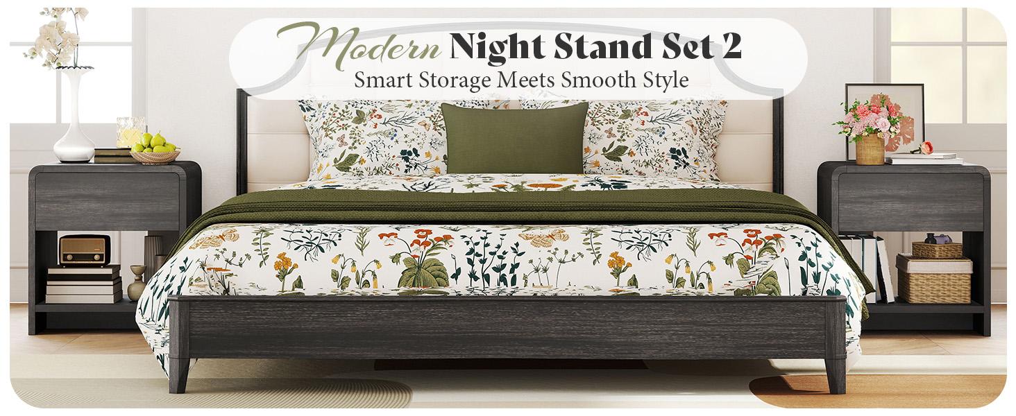 AMERLIFE 2 Different Style Modern Night Stand with Storage Drawer & Open Shelves, Small Nightstand & Bedside Table with Open Shelf, Curved Profile Design & Pine Handles, Wood End Table for Bedroom, Living Room,