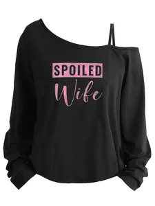 Plus Size Women's Loose-Fit Long Sleeve Cami Top, Asymmetrical Neckline, Letter Print, All Seasons, Sizes 1-8xl