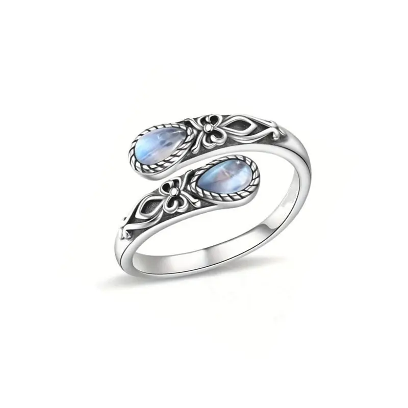 September Laurel Moonstone Adjustable Thumb Open Ring for Women, Victorian Vintage Style Hypoallergenic Nickel-Free Ring, Retro Floral Lucky Faith Mother's Love Ring, Perfect for Parties, Holidays, Valentine's Day, Halloween, and Easter Gifts