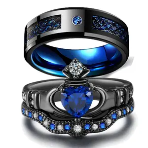 Blue Dragon Crown Couple Rings Set – Matching Stainless Steel Promise Rings for Couples