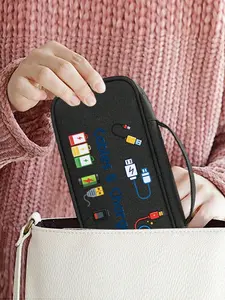 Electronics Travel Storage Bag with Data Line and Power Bank Pattern, Multi-Layer Zipper Closure, Portable Electronic Accessories Organizer