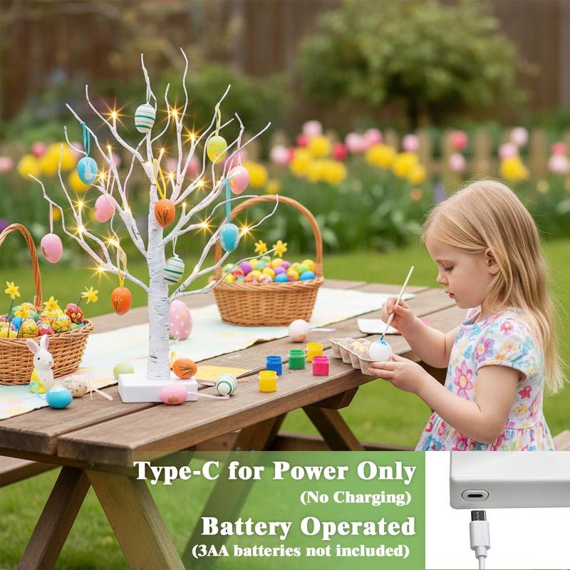 EAMBRITE Easter Decorations Lighted White Birch Tree with 18x2 Eggs Ornaments, 24 LED Lights, Battery Powered Timer, Tabletop Centerpiece for Spring Home Decor, 2 Pack