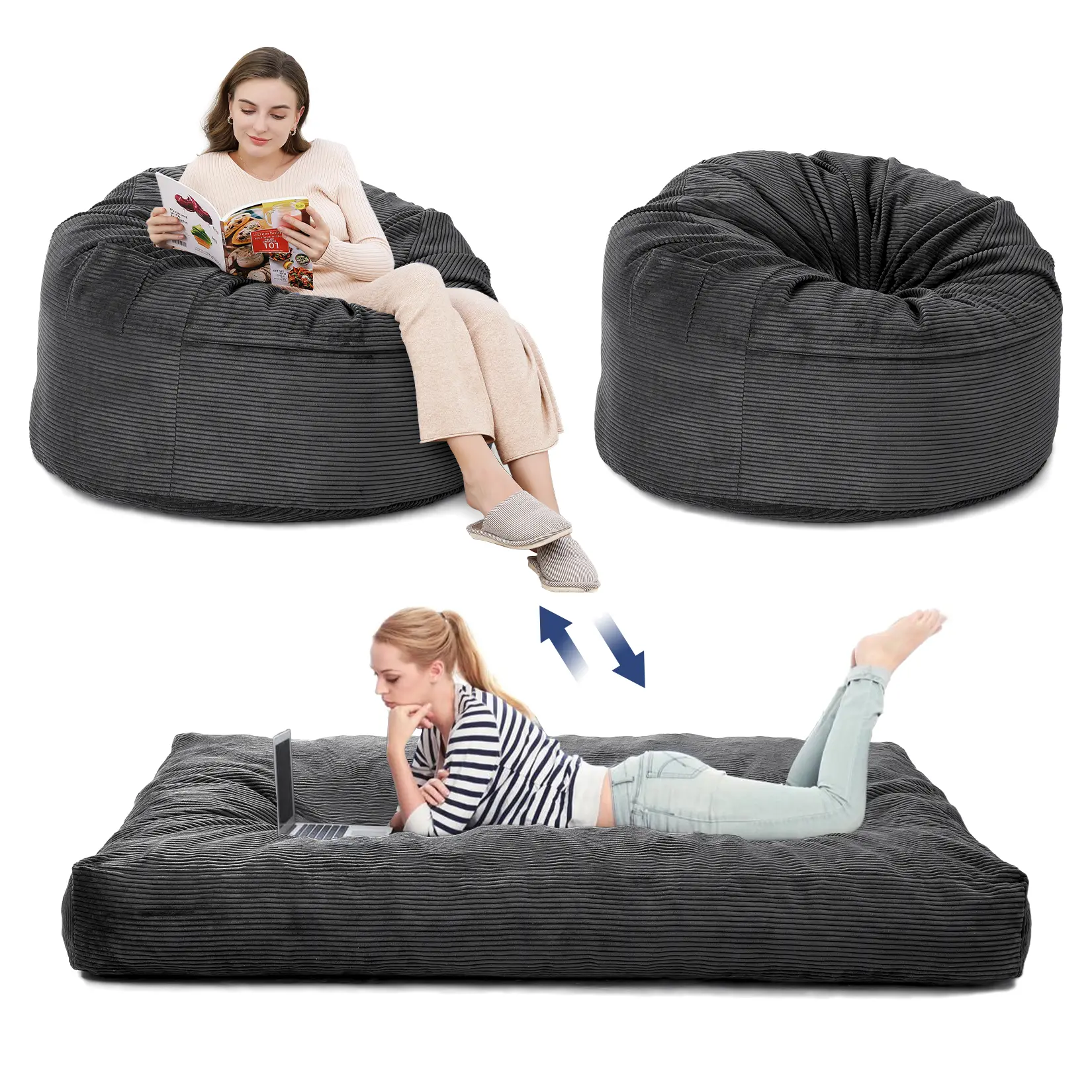 Bean Bag Chair Bed, Corduroy Giant Bean Bag Bed for Adults, Convertible Beanbag Chair Bed from Chair to Mattress, Large Floor Sofa Couch Bed with Washable Cover