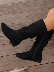Women's New Pleated Design Fashionable Warm Outdoor Solid Color Stretch Suede Fashion Boots, Trendy Mid-Leg Retro Boots Combat Boots Motorcycle Boots, suitable for fashionable, comfortable and casual, Black, Footwear Boot
