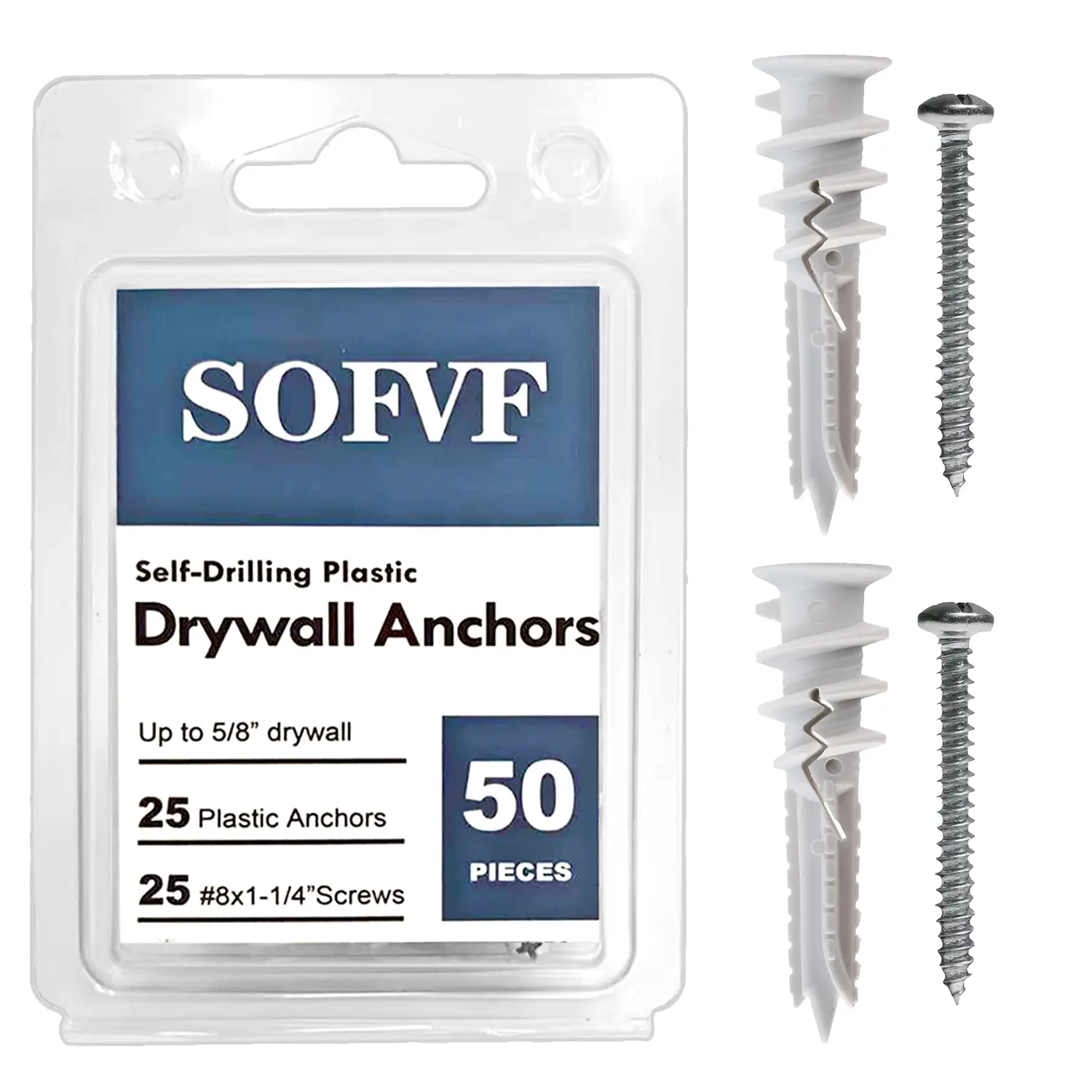 50Pcs Self-Drilling Nylon Drywall Anchors with Screws, Heavy Duty No Pre-Drill Plastic Wall Anchor Kit for Hanging Mirrors Shelves Curtain Rods Home Decor