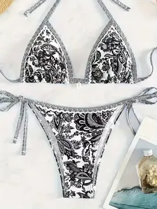 Women's Split-Body Floral Printed Porcelain Sporty Bikini Set, Stylish Two-Piece Swimsuit for Beachwear & Pool Parties, Floral Print Swimsuits, Plants Print Swimsuit, Floral Print Bikinis