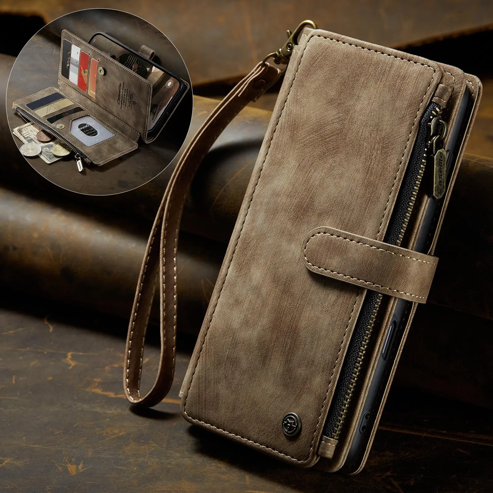 Vintage Leather Phone Case with Card Holder, Flip Dangling Holder & Zipper Phone Case, stylish cellphone accessory, Mobile Phone Accessories, Protective Phone Cover, Protective Casing for iPhone 16 15 14Plus 13 12 11 Pro Max, Cover
