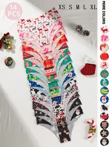 14-piece set of women's Christmas-themed panties with various patterns including leopard, stars, bananas, Santa Claus, and reindeer. Seamless and skin-friendly, suitable for autumn and winter holidays as well as everyday wear, Casual Soft Panties