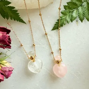 Heart Crystal Necklace, Rose Quartz or Clear Quartz, Motherly Love Necklace, Essential Oil Necklace, Mothers-Days-Gift, Cottagecore Necklace