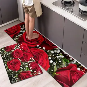 1pc Elegant Red Rose Floral Mat - Soft Polyester Rectangular Floor Mat with & Design, Machine Washable, Perfect for Bedroom, Living Room, Bathroom, Or Hallway Decor, Bedroom Mat | Elegant Home Decor | Durable Floor Mat, Rugs For Living Room