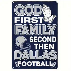 Dallas Football Themed Metal Tin Sign, 8"x12" Iron Wall Art Decor for Home, Bar, Man Cave, Garage & Farmhouse - Weather-Resistant Vintage Signage with Praying Hands & Helmet Design