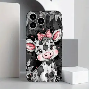 Adorable Cow Pattern Black Case Cute Simple Thickened Anti-Fall Decorative TPU Soft Protective Cover, Mobile Phone,Case Gift Protection Protector,phone Case Suitable for Iphone 11/12/13/14/15/16/17 Pro Promax Plus Air and Samsung S22/S23/S24/S25