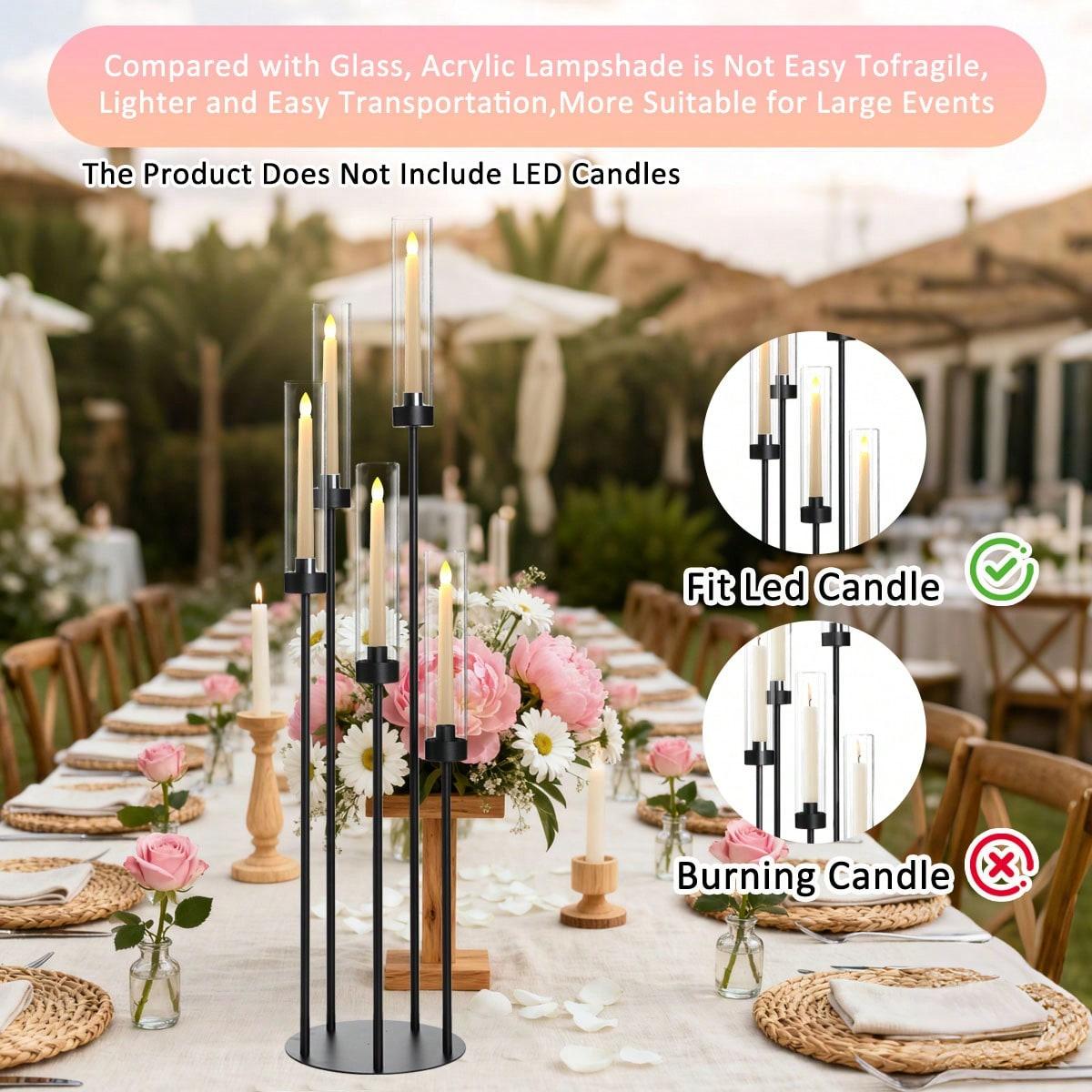 39.8" Matte Black 5-Arm Candelabra with Acrylic Shades,Tall Floor Candle Holder for Wedding Table Birthday Party Home Decoration Fit LED Taper Candles