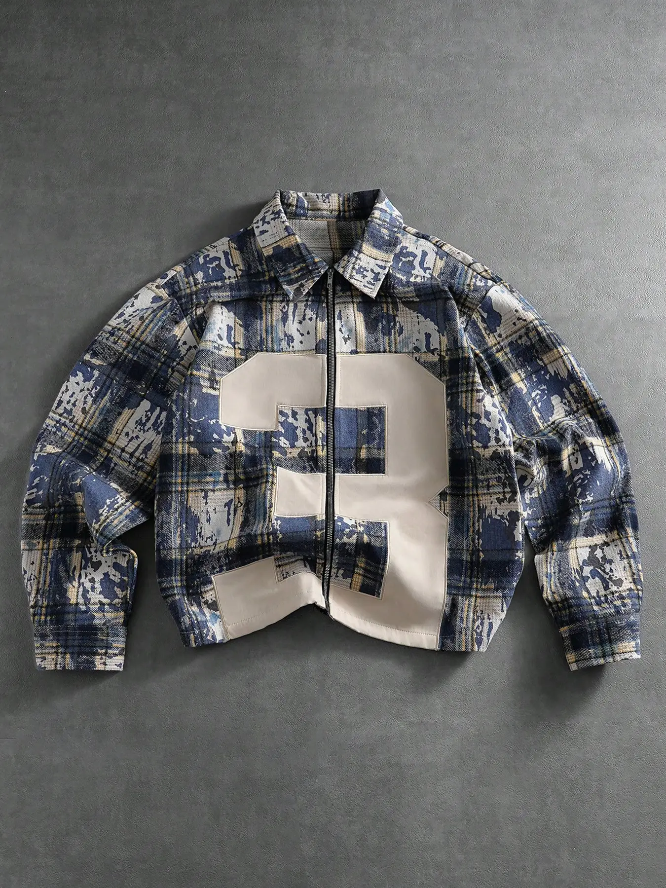 Men's High-End Patchwork Jacket Coat, Textured Fabric Full Zip Plaid Casual Top, Oversized Street Style Warm Outerwear, Casual Outdoor Outerwears, Casual Trendy Coat, Loose Casual Jacket