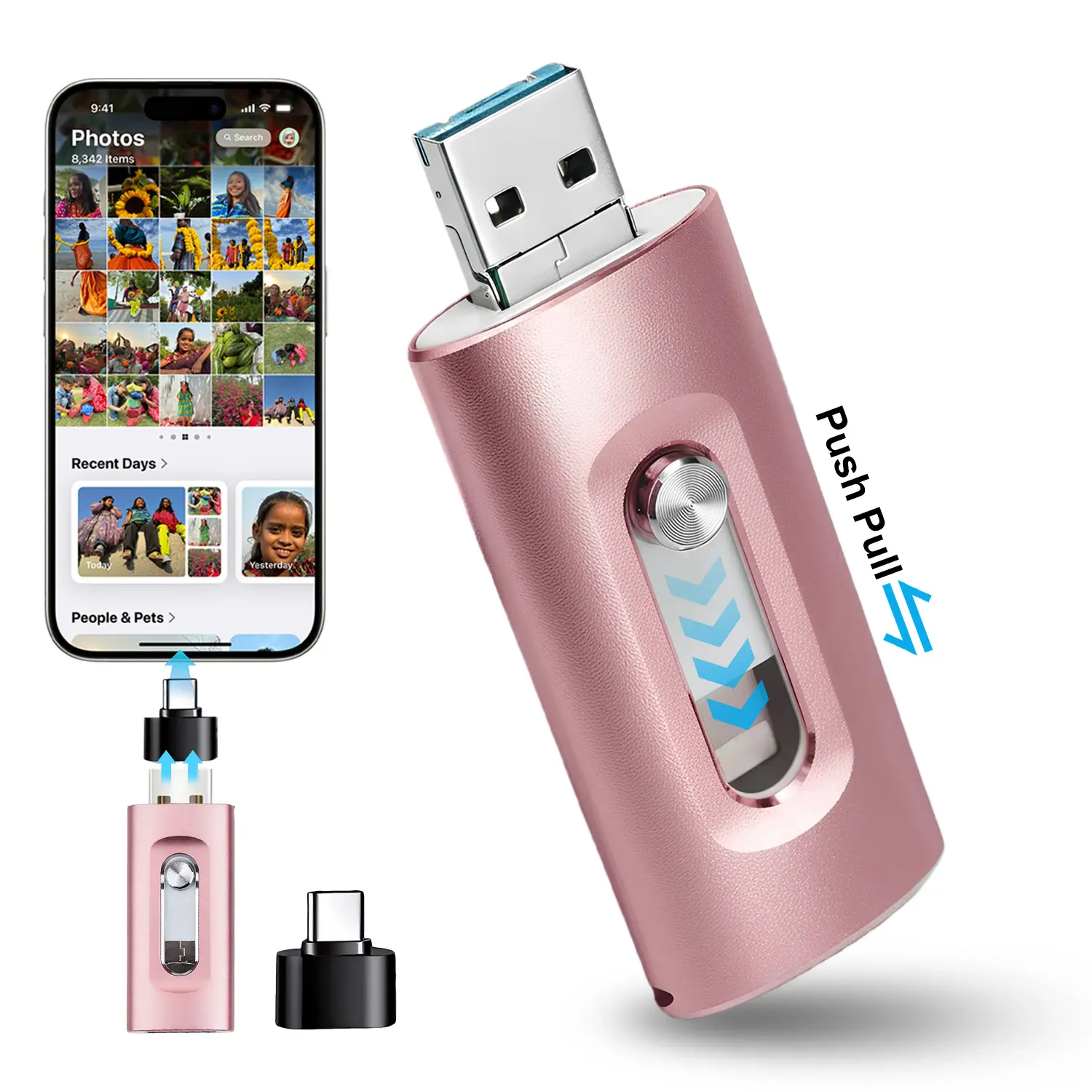 4-in-1 MFi Certified USB Flash Drive 64GB/128GB/256GB, OTG Phone Storage Drive for iPhone Android, Type-C Memory Stick for Phone, Tablet & PC