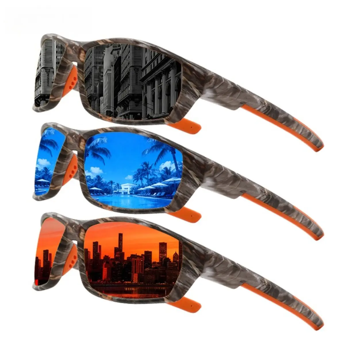 Men's Sports Sunglasses 4-Pack, Camouflage Polycarbonate Frame with Multi-Color UV400 Lenses and Anti-Slip Grip for Biking & Hiking, Outdoor Sports Equipment, Biking Sunglasses, Bikes, Adults, Camouflage Frame, Cycling/Hiking, High-Motion Adventures, Temp
