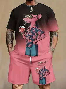 Men's 3D fashionable pink panther Tropical print casual everyday set, a two-piece set including a summer sporty crew neck short-sleeved top and drawstring shorts, suitable for outdoor and street wear.