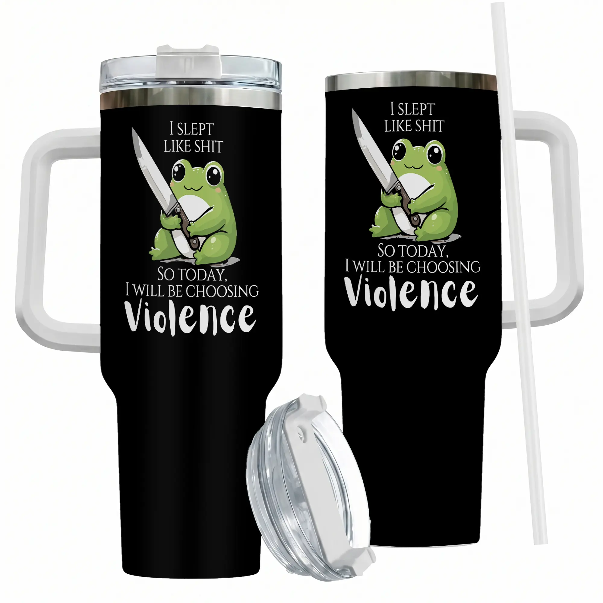 Kawaii Rude Frog Tumbler, Funny Knife Graphic 40oz Insulated Car Cup, Sarcastic Trendy Travel Mug Gift