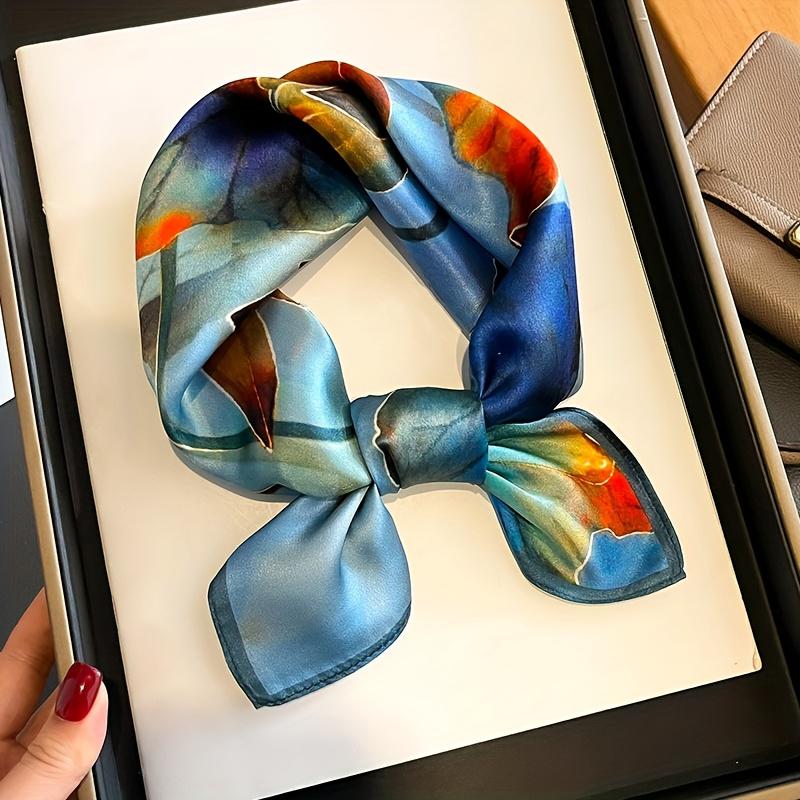 Elegant faux silk scarf—women’s headscarf, women’s handkerchief/silk scarf with a blue lotus design; women’s style; sleep headscarf; ideal for parties, formal events, and everyday wear.