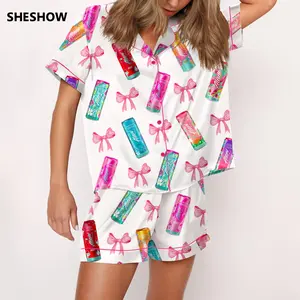 SHESHOW Coquette Energy Drinks Satin Pajama Set For Women Print Comfy Satin Sleepwear & Loungewear Pjs Printing Silky Top & Bottoms