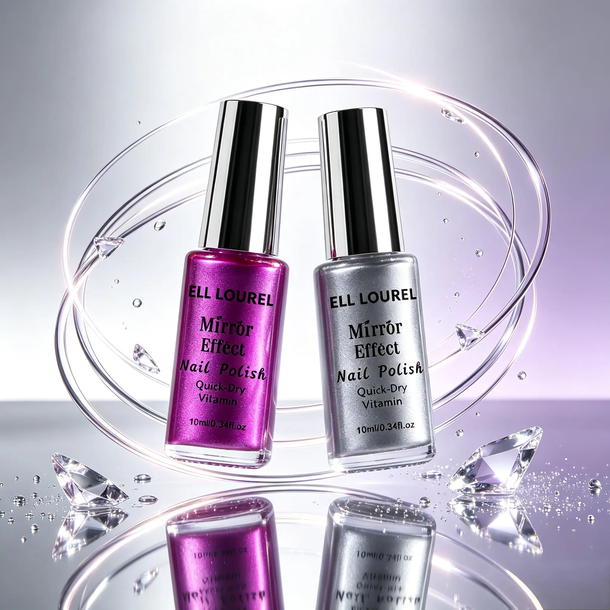 ELL LOUREL 2 Piece Mirror Metallic Nail Polish Set - Vitamin Infused, Quick Dry & Smooth Lacquer for Daily Manicure & Nail Care - Silver & Magenta, 10ml, Cosmetic, Gloss