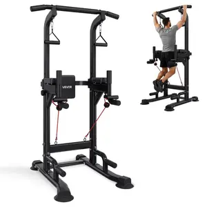 VEVOR Pull Up Bar, 330 LBS Power Tower Dip Station, Workout Dip Station with H-Shaped Stable Base Assistance Platform, Adjustable 9 Level Height Pullup Stand for Back, 3-Level Adjustable Elbow Pads
