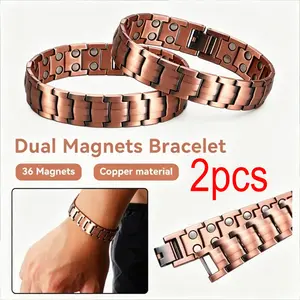 2PCS Men Women Copper Wide Double-Row Strong Therapy Arthritis Pain Relief Magnetic Bracelet 99.9% Copper Magnetic Bangle