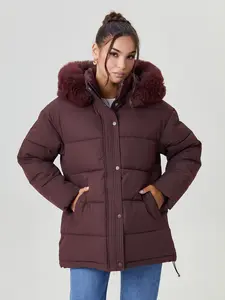 Women's Winter Casual Stand Collar Fluffy Hooded Waist Tie Zipper Thermal Outerwear