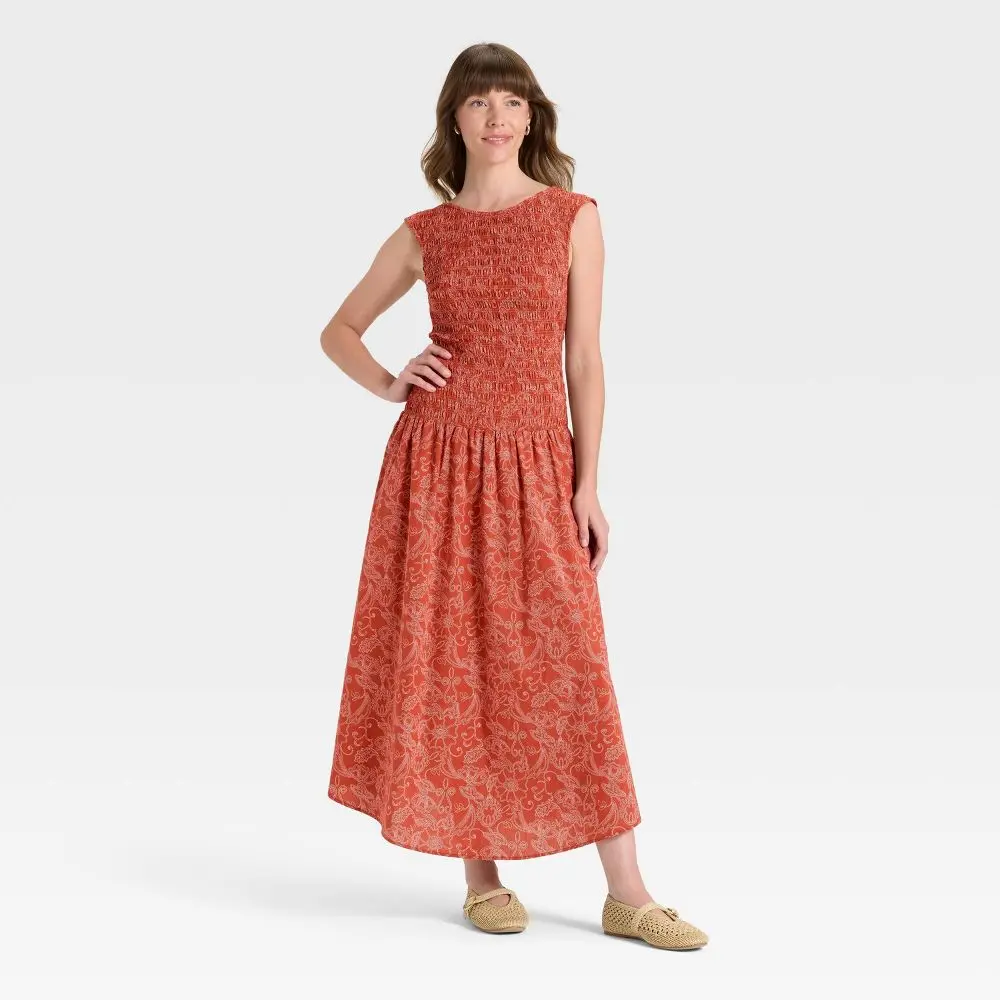 Women's Smocked Midi A-Line Dress - Universal Thread Rust Floral XS - TikTok Shop Women's Smocked Midi A-Line Dress - Universal Thread Rust Floral XS - TikTok Shop