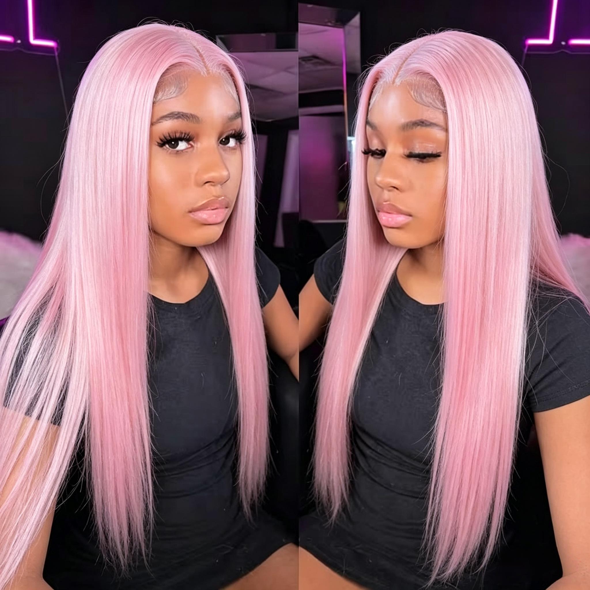 Glueless Pastel Pink Straight Lace Front Wig Long Silky Synthetic Hair Wigs with Natural Baby Hair for Women Cosplay Party Daily Wear