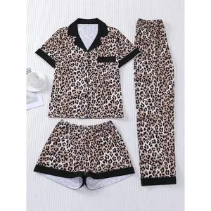 2-piece personalized contrasting leopard print short sleeved shorts, pants, Halloween soft and comfortable top, small pocket button up top, elastic waistband, suitable for all season home casual wear
