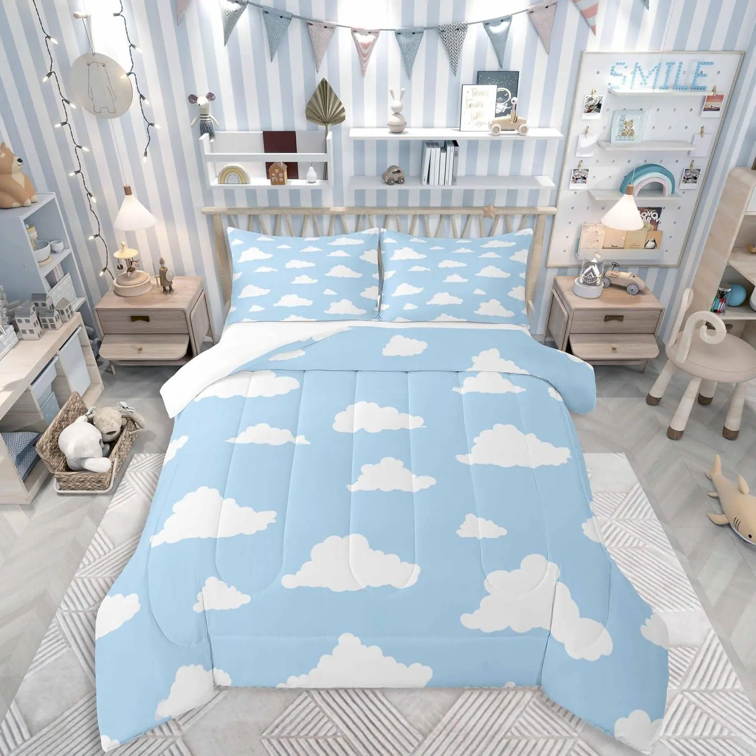 White Clouds Comforter Set,Cartoon Clouds Blue Sky Decor Bedding Sets Adults,Simple Style Graffiti Decorative Quilted Comforter