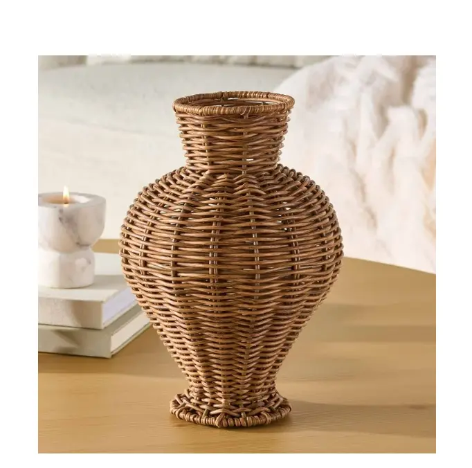 Woven Faux Rattan Indoor Vase, 10" Brown, Versatile Design for Home Decor Woven Faux Rattan Indoor Vase, 10" Brown, Versatile Design for Home Decor