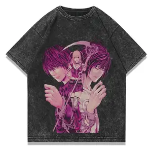Menswear Round Neck Short-Sleeve T-Shirt Death Note Vintage Washed Graphic Tee Distressed Light Yagami Misa Amane Printed Oversized Heavyweight Cotton Casual Streetwear Top Ideal Daily Outfit And Perfect Gift For Death Note Anime Manga Fans