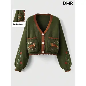 DMR Women's V Neck Button Front Fox Embroidery Pocket Loose Knit Cardigan, Casual Short Sweater for Fall & Winter, Ladies Fashion Outerwear