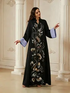 Middle Eastern Women's Traditional Style Sequin Embroidered Floral Dress, Boho Long Sleeve Evening Gown, Loose-Fit Abaya for All Seasons