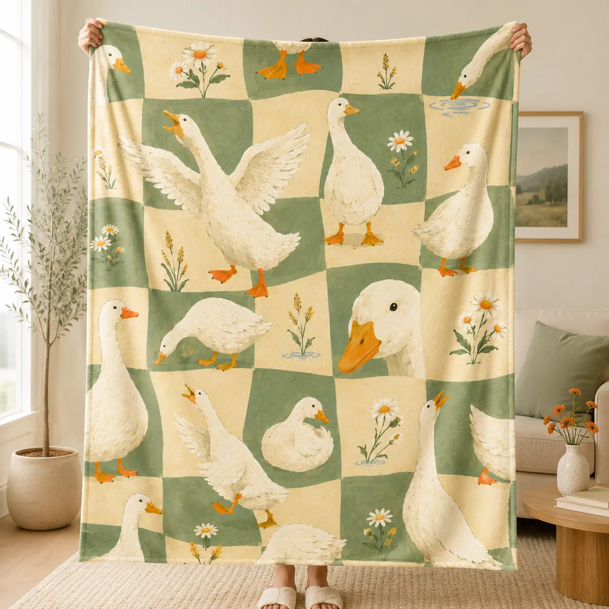 Goose Checkerboard Flannel Throw Blanket, Sage Green Cottagecore Daisy Farm Animal Design, Goose Lover Gift for Couch Sofa Bed Bedroom Living Room Decor
