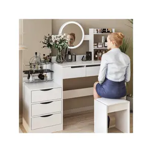FUFU&GAGA Vanity Table with Chair and Lights, Multifunctional Makeup Vanity Desk Furniture Bedroom Storage Organizing Design Modern Minimal Interior