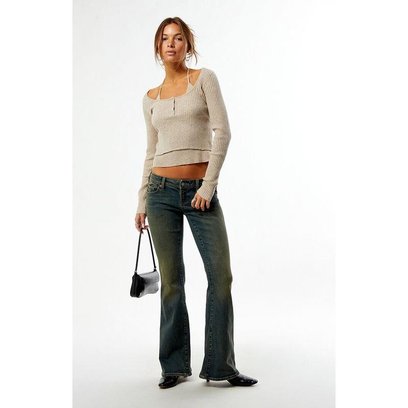 Pacsun Women's Alana Ultra Low Rise Flare Jeans Tinted Dark Blue