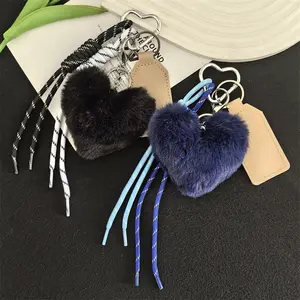 Pompom Heart Keychain for Women Lady Bag Charms Leopard Pattern Plush Colorful Peach Heart Pendant Keyring Bag Decoration Gift