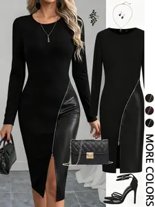 Women's Solid Color PU Leather Patchwork Zipper Bodycon Dress, Elegant Slim Fit Long Sleeve Party Dress, Casual Fashion Clothing