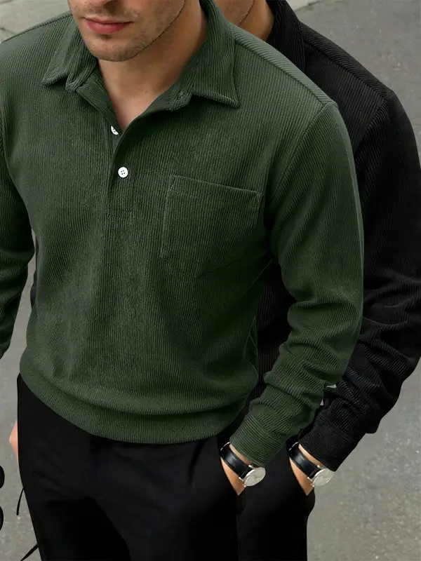 Men’s 2-Pack Corduroy Long-Sleeve Polo Shirts for Spring/Autumn, Loose Fit, Casual & Versatile, Comfortable for Daily Wear and Commuting