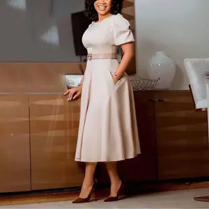 Summer Spring Elegant Office Dress for Women Professional O Neck Short Sleeve Belted A Line Mid Calf Formal Business Work Dress Midi New Womenswear Khaki Basic Shortsleeve